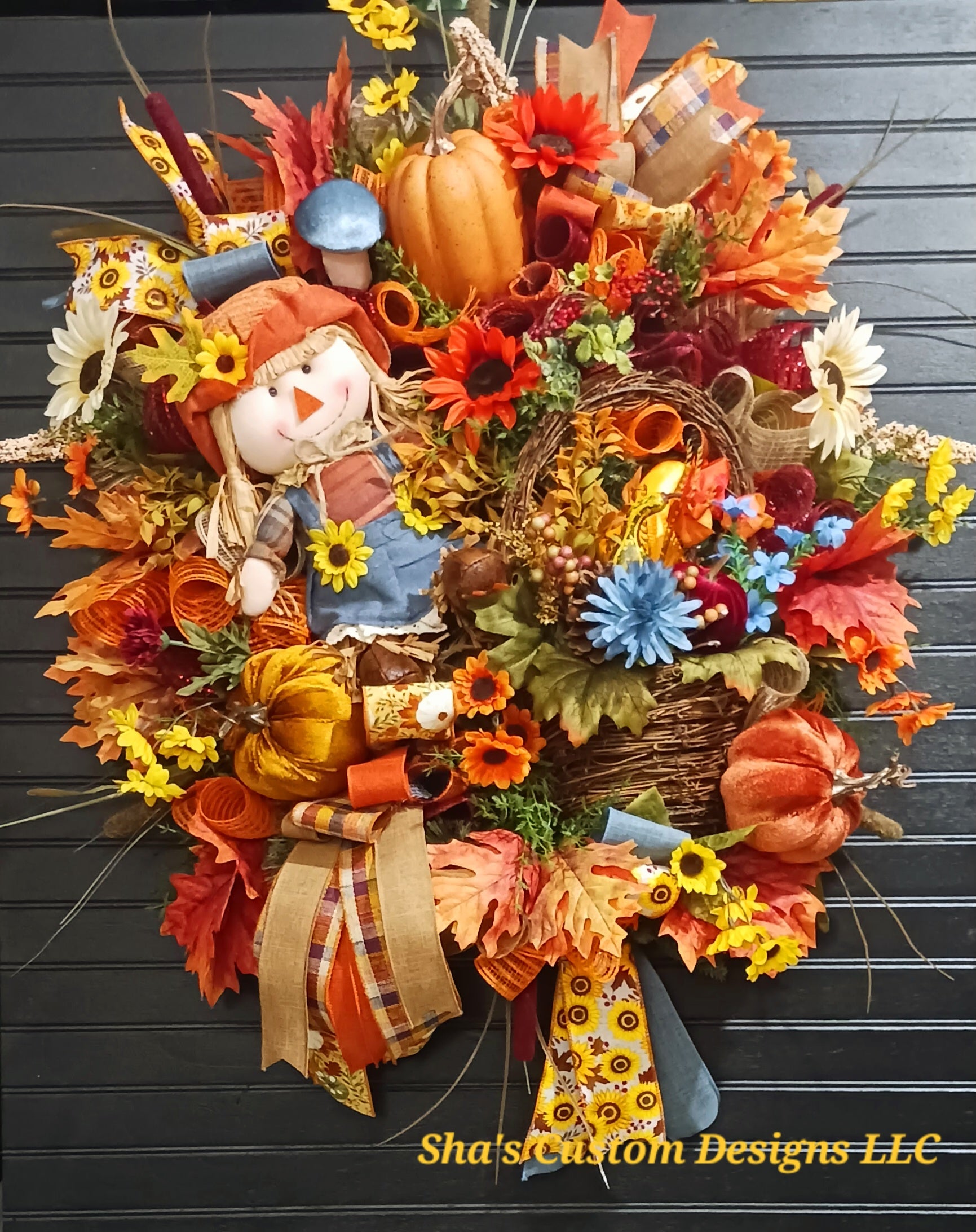 Fall Harvest Wreath: Scarecrow, Pumpkins, & Sunflowers