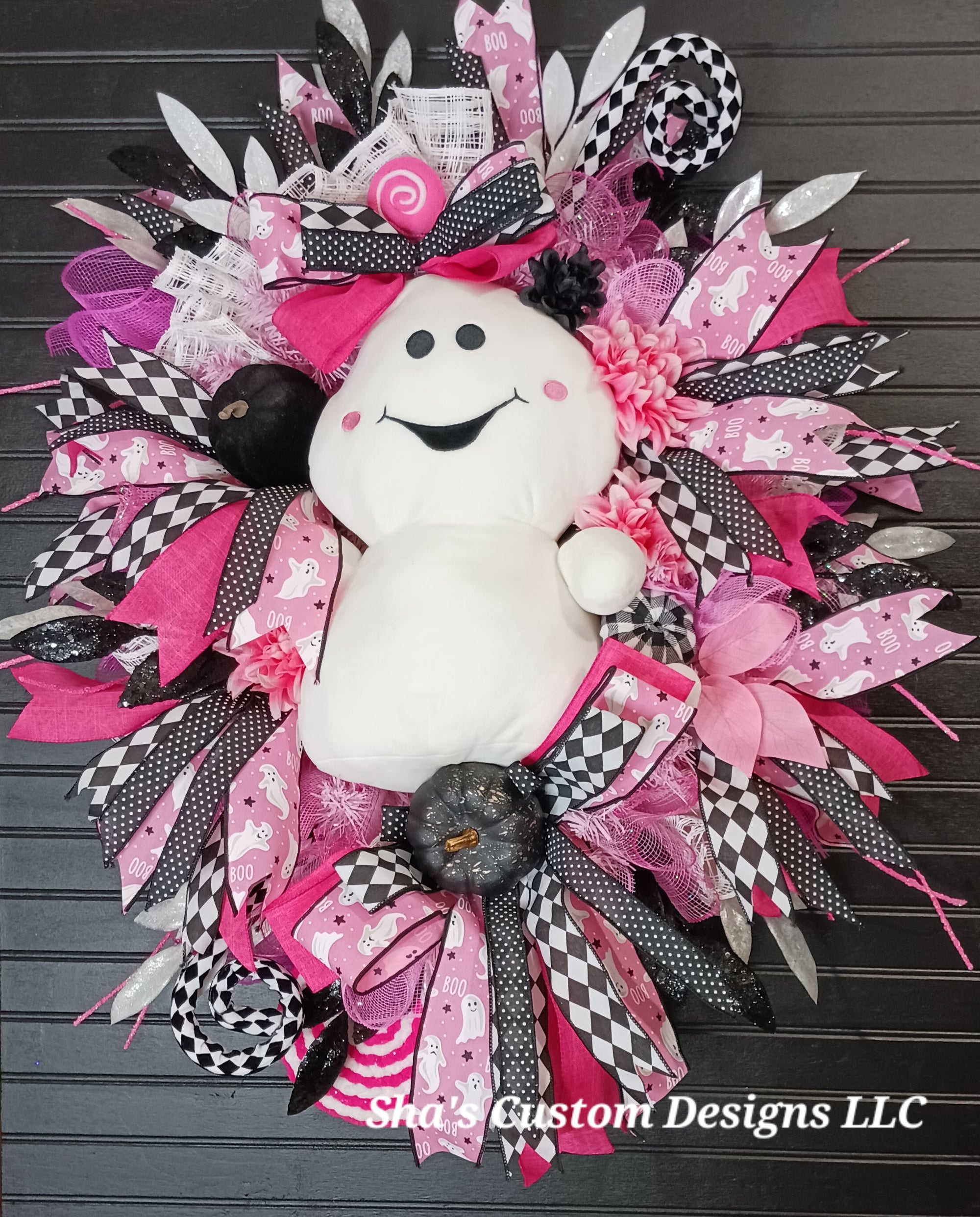 Playful Ghost Wreath: Harlequin Halloween Door Decor