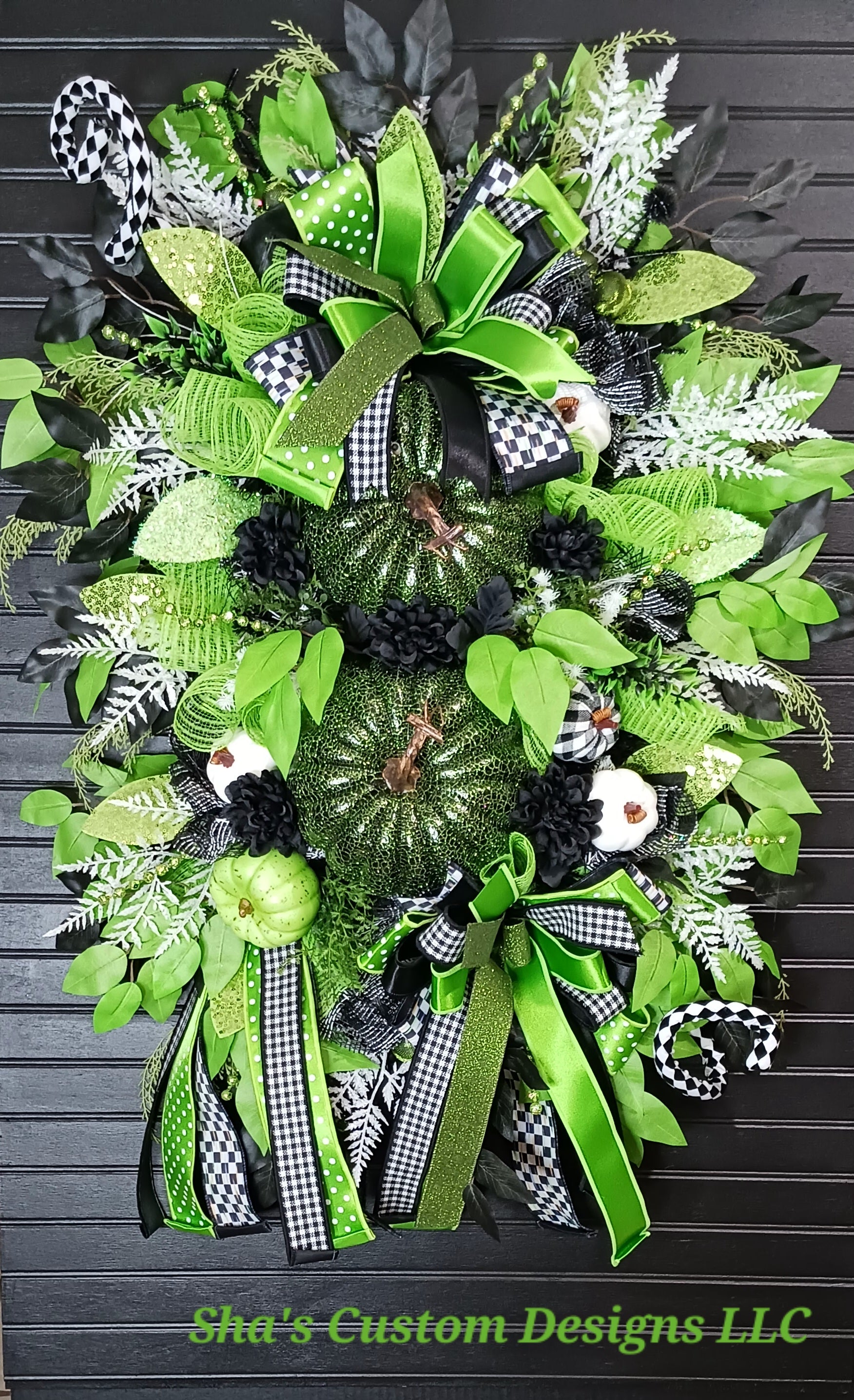 Green Glitter Pumpkin Swag: Harlequin Ribbon Autumn Decor