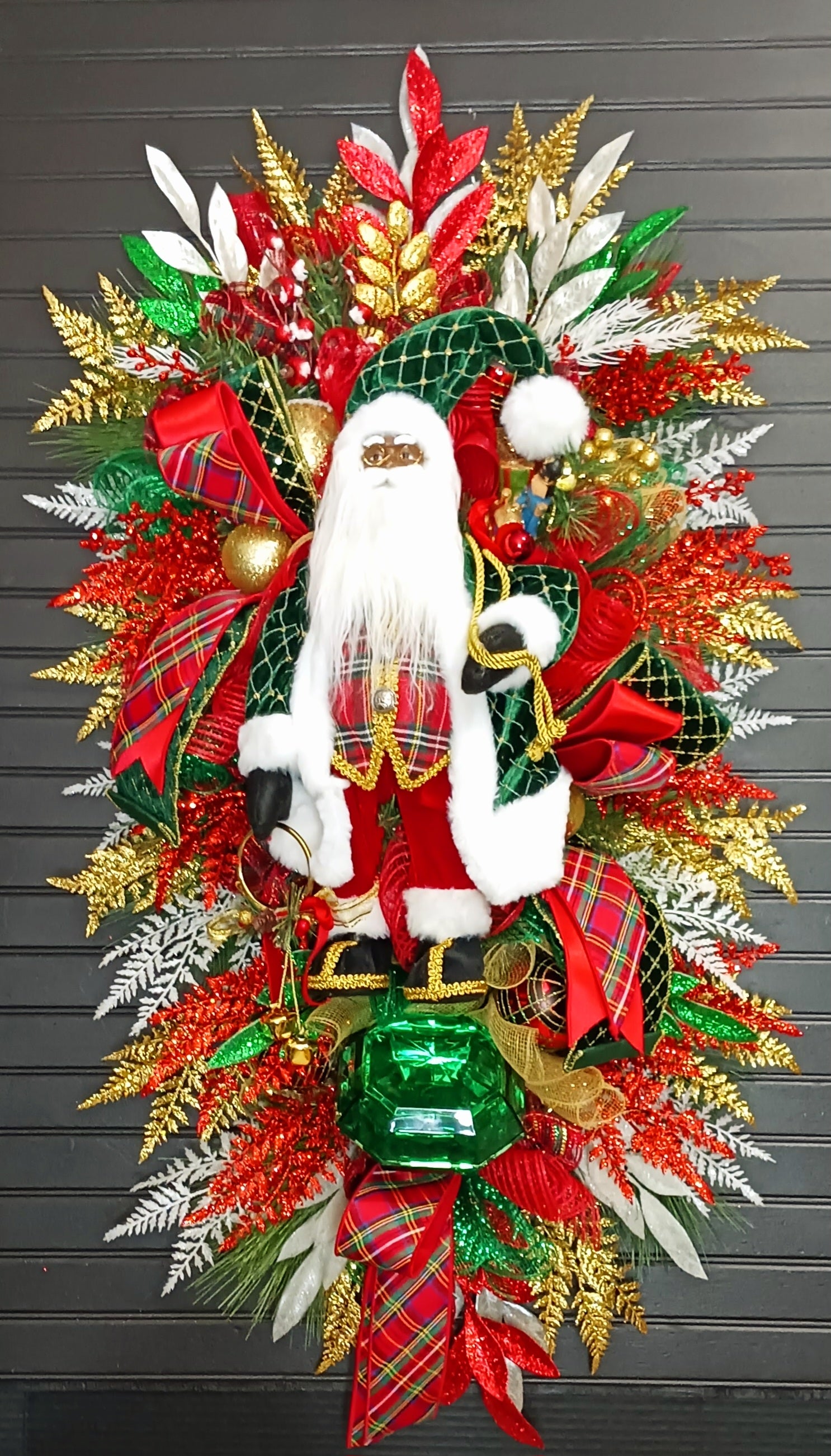 Black Santa Christmas: Plaid Vest Gold Net Accents.