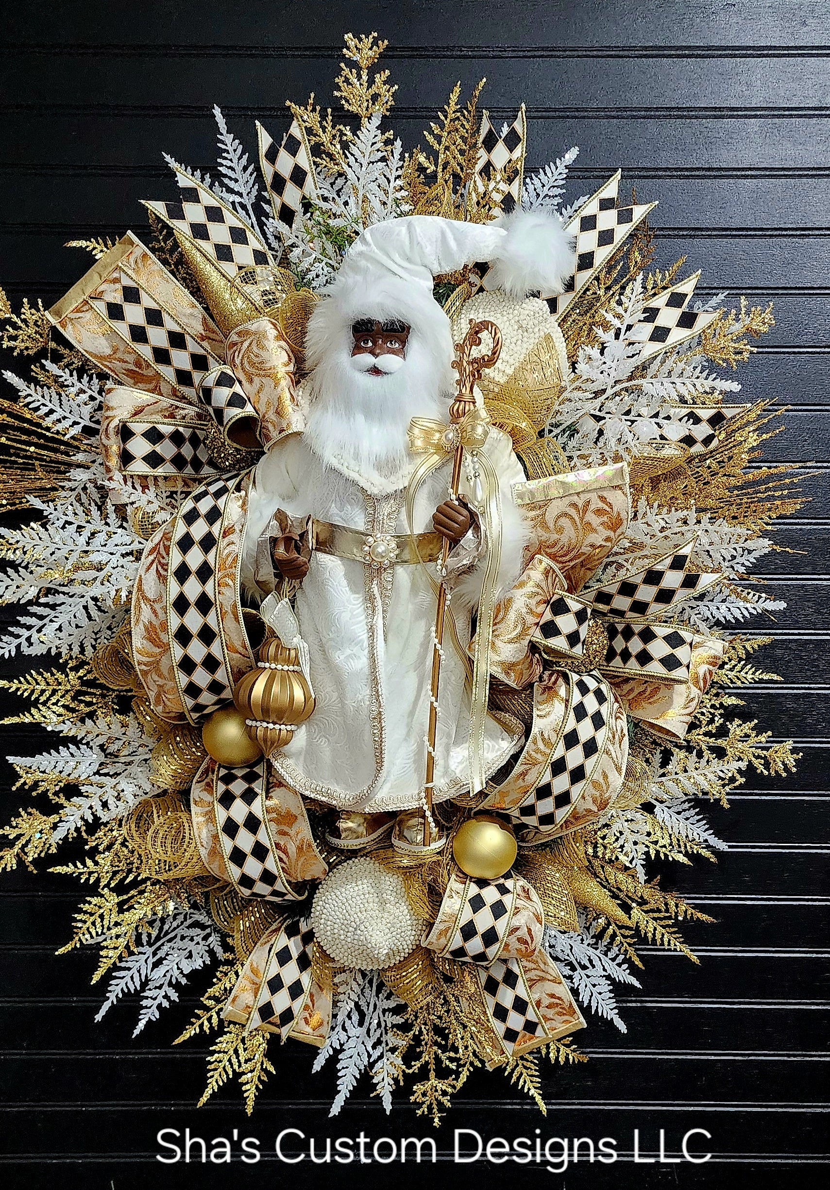 Black Christmas Pearl Santa with White and Gold Coat