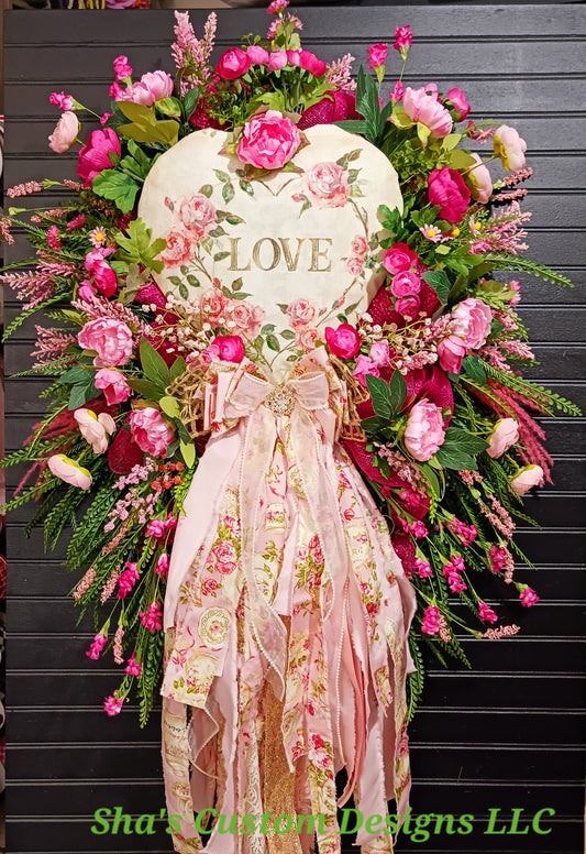 Valentine's Rag Bow Heart Wreath; Rose Garden Tea for Two
