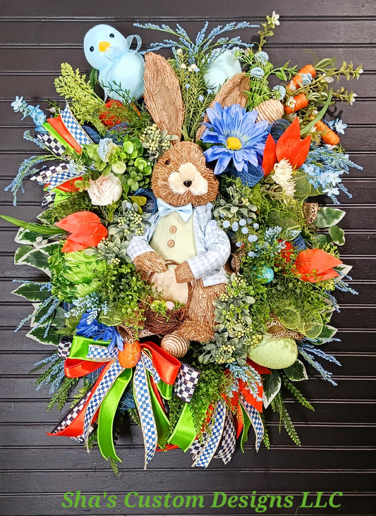 Edward Bunny Easter Wreath; Carrots, Daisies, Birdie