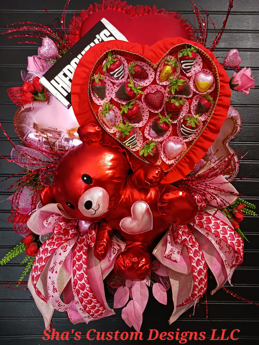 Handmade Valentines Wreath Attachment: Bear, Strawberries & Hearts
