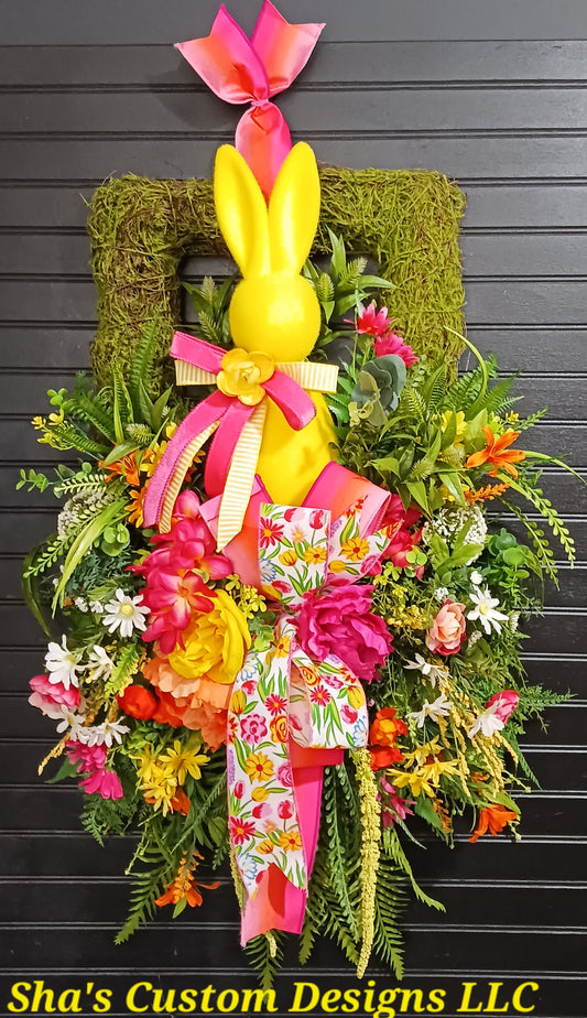 Floral Easter Wreath, Moss Base, Yellow Bunny; Spring Decor