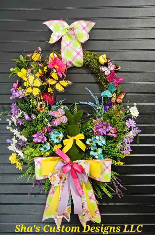 Butterfly Moss Wreath, Bunny Wreath, floral Spring Decor