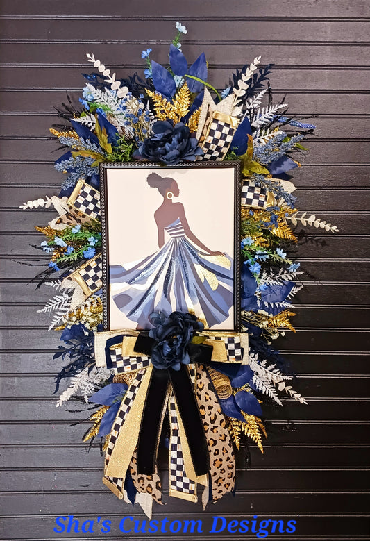 Midnight Bloom Wreath, Blue Black Gold Portrait Swag, MacKenzie Childs Ribbon
