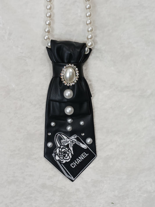 Black Leather Pearl Chanel Custom Necktie