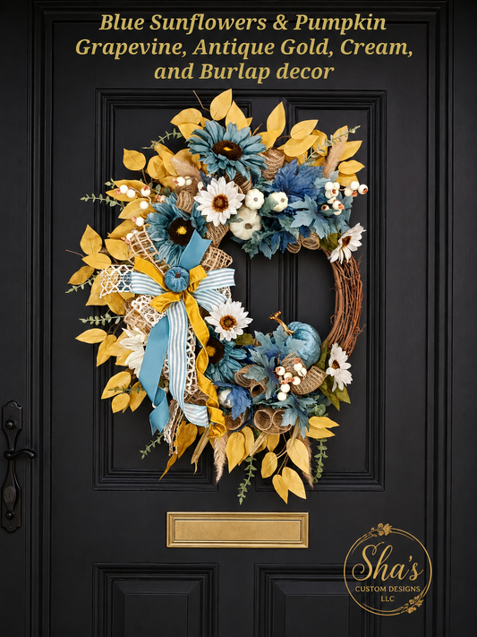 Blue Sunflowers & Pumpkin Grapevine, Antique Gold, Cream, and Burlap Decor.