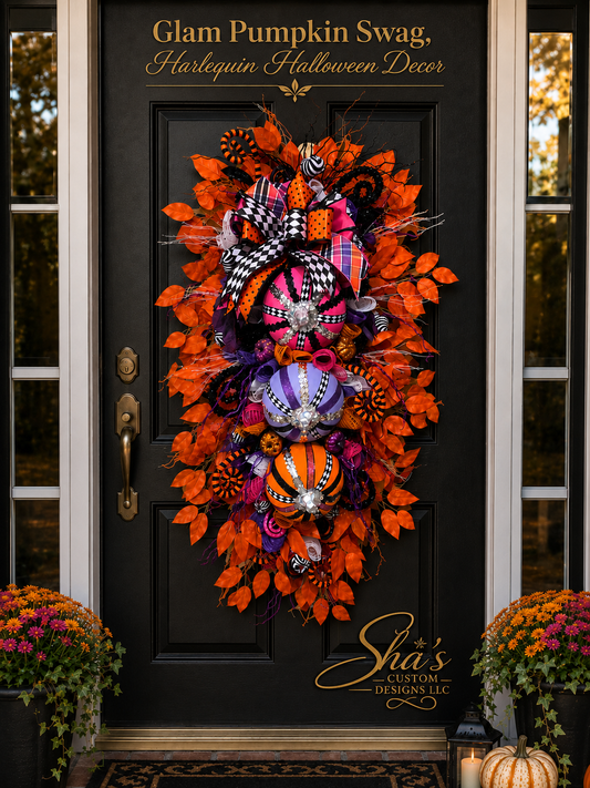 Glam Pumpkin Swag, Harlequin Halloween Decor
