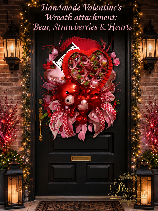Handmade Valentines Wreath Attachment: Bear, Strawberries & Hearts