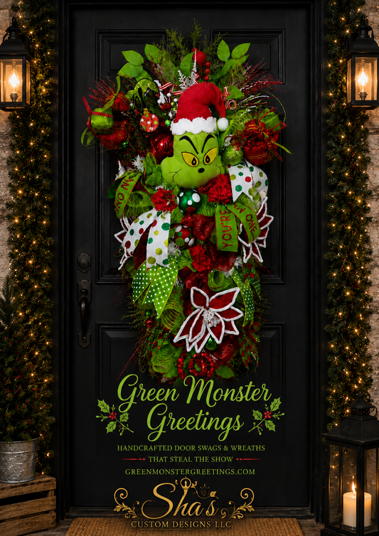 Green Monster Greeting- Whimsical Holiday Swag