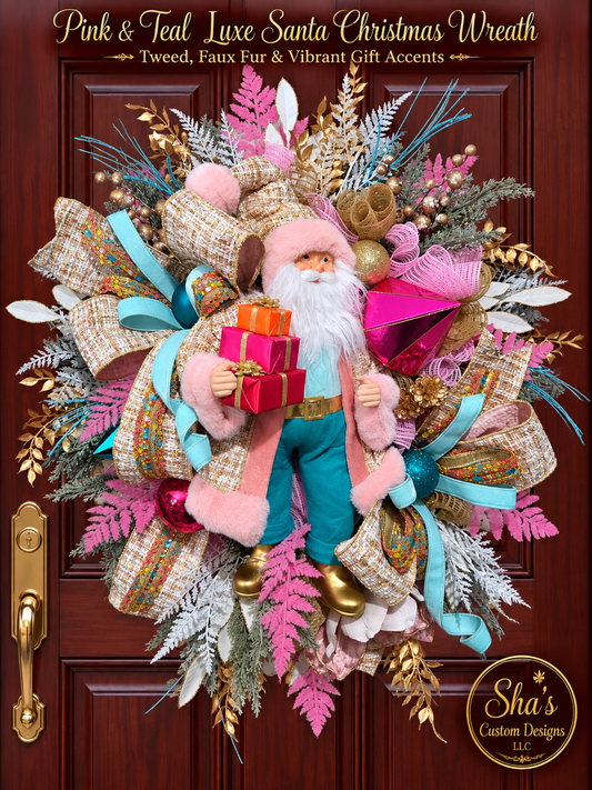 Pink & Teal Luxe Santa Christmas Wreath