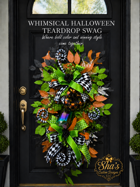 Whimsical Halloween Teardrop Swag- Lime Green, Orange, and Harlequin Ribbon