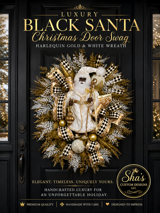 Luxury Black Santa Christmas Wreath, Harlequin Gold and White Decor