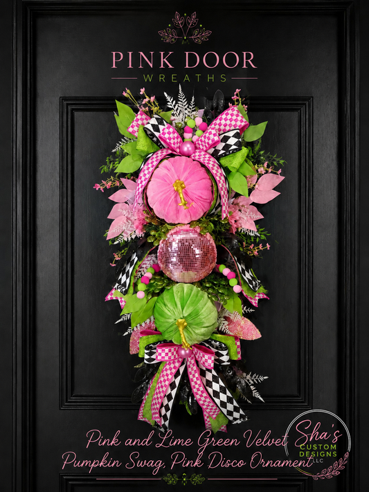 Pink and Lime Green Velvet Pumpkin Swag, Pink Disco Ornament.