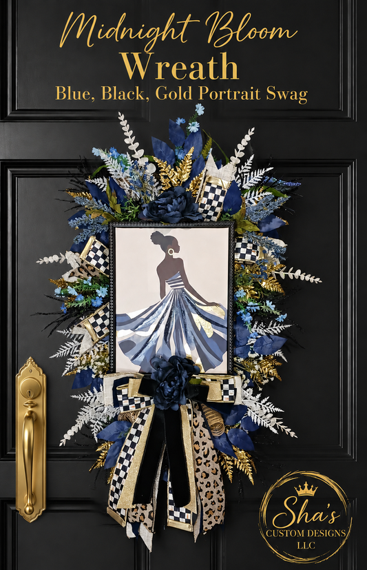 Midnight Bloom Wreath, Blue Black Gold Portrait Swag